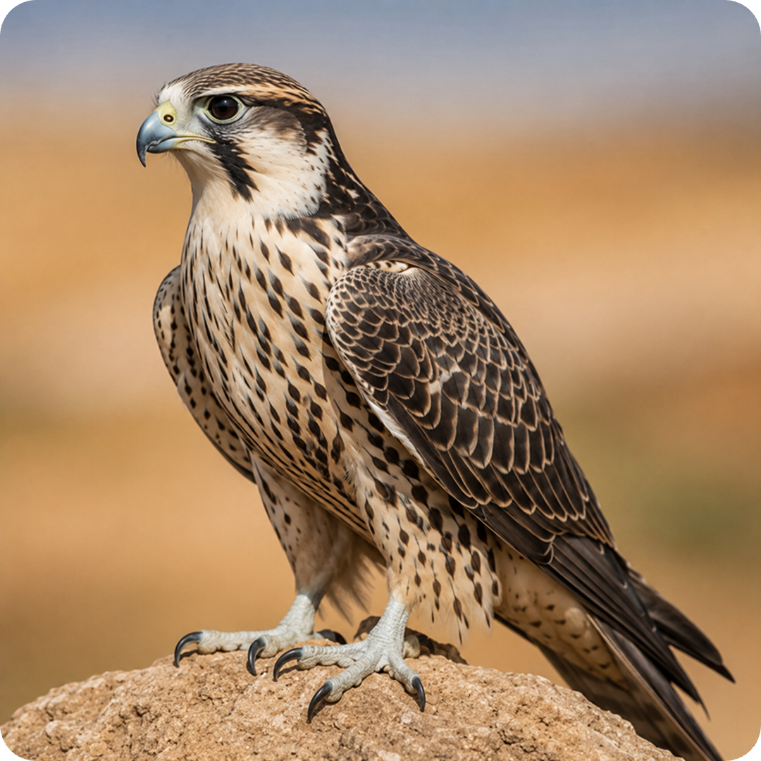 An Arabian falcon at rest, wings folded, in warm desert light